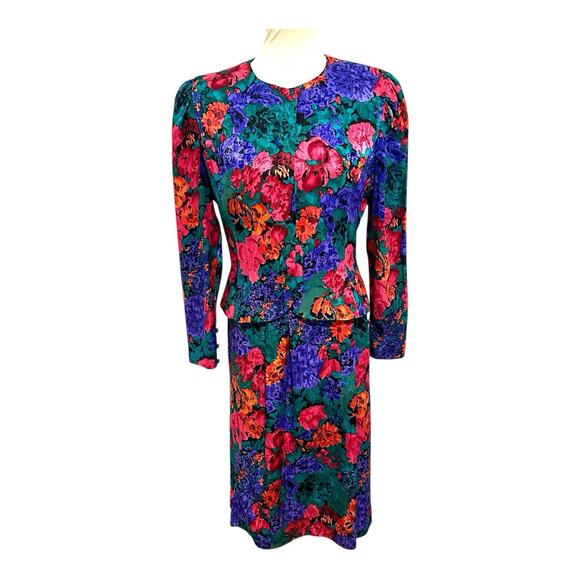 VTG Adrianna Papell 100% Silk Floral Skirt Suit Size 8 Bloomcore Career Colorful - Picture 1 of 10